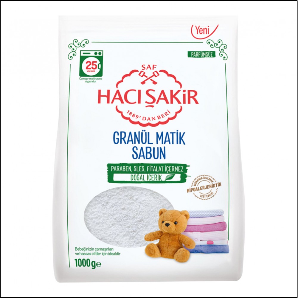 Hacı Şakir Granül Matik Toz Deterjan Parfümsüz Doğal İçerik - 1000gr Hacı Şakir Granül Matik Toz Deterjan Parfümsüz Doğal İçerik - 1000gr